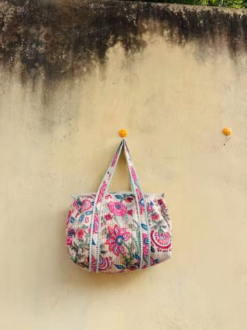 Handcrafted Cotton Duffle Bag | Floral Block Print Travel, Gym, Weekend Bag
