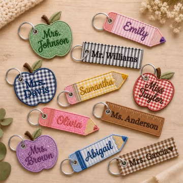 Custom Teacher Name Embroidered Keychain, Personalized Name Charm, Teacher Team Gift, Back to School Keepsake, Classroom Staff Accessory