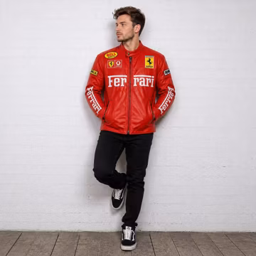 Ferrari Style Red Racing Leather Jacket for Men | Vintage Motorsport Biker Jacket | Premium Leather Zip-Up Racing Coat Gift For Him.