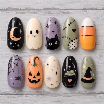 Halloween Pastel Spooky Press On Nails, Ghost Pumpkin Black Cat Witch Hat in Oval Fake Nails Design, Holiday Gift for Her