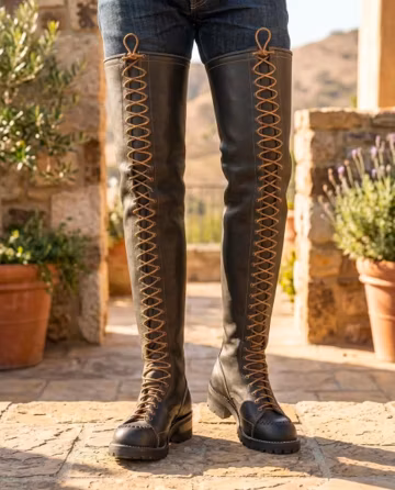 Men's Custom Leather Thigh-High Boots | Lace-Up Over The Knee Steampunk Footwear | Bespoke Tall Riding Boots |