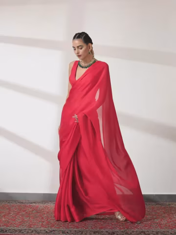 Ruby Butter Chiffon Pre-Draped Saree with Self Blouse, Ready to Wear Saree, Elegant Party Wear sari blouse, Designer Chiffon Saree