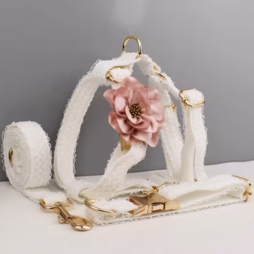 Personalized White Lace Floral Dog Collar Leash Harness Set – Custom Engraved Pet Wedding Gift
