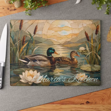Personalized Mallard Duck Glass Cutting Board, Lake House Kitchen Decor, Custom Name Tempered Glass Chopping Board, Duck Lover Gift