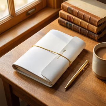 Handcrafted tri-fold genuine leather notebook cover, customizable with your name, available in A5/A6/A7/B6/TN sizes.