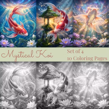 Koi Grayscale Coloring Book, 10 Mystical Fish Lantern Printable Adult Coloring Pages PDF