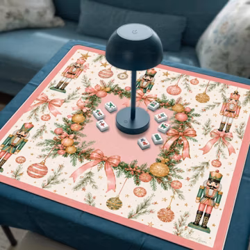 Pink Christmas Nutcracker Neoprene Mahjong Mat, Holiday Wreath Game Mat, Festive Ornament and Bow Design, Luxury Table Cover, SHIPS ROLLED