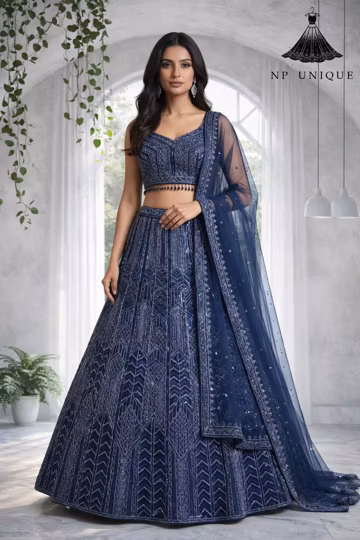 Navy Blue Georgette Lehenga Choli Set | Heavy Embroidered Sequin Indian Wedding Wear
