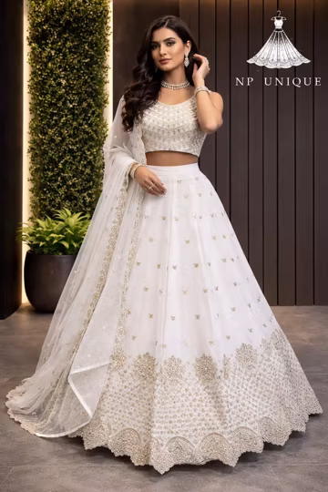 White Foux Gorgette Lehenga Choli | Sequin Thread Embroidery Bridal Wedding Wear