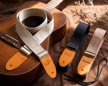 Custom Engraved Nylon Guitar Strap – Adjustable, 15 Font Styles, Off-White/Black/Brown