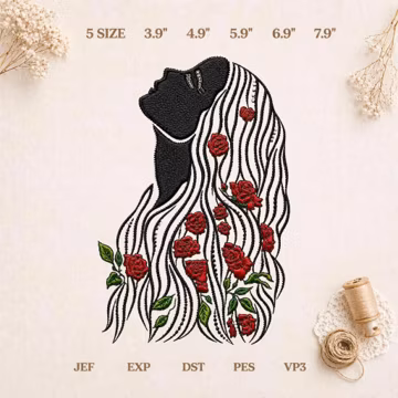 Rose Woman Embroidery Design, Feminine Profile with Long Flowing Hair, Floral Line Art