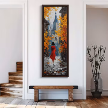 Autumn Paris Wall Art - Woman Red Dress Canvas Print, Romantic European Cityscape Painting Decor