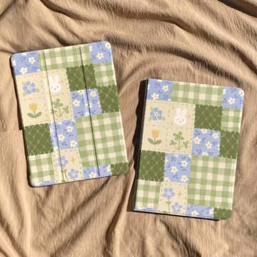 Miffy Bunny Green Gingham iPad Cover, Plaid Splicing Protective Case With Apple Pencil Slot Foldable Stand For All iPad Models