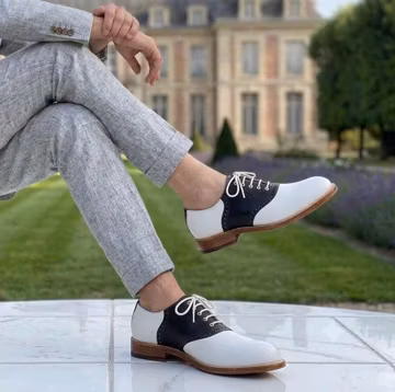 White Navy Leather Saddle Oxford Shoes, Classic Golf Preppy Dress Footwear