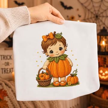 Pumpkin Girl Embroidery Design, Sweet Baby in Fall Costume with Harvest Basket