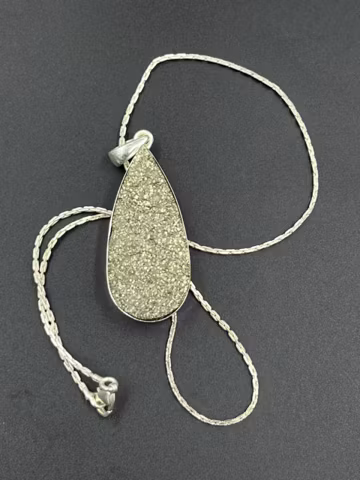 Natural Pyrite Druzy Pendant Necklace, 44x20mm Teardrop Gemstone, Sterling Silver Pendant, Raw Crystal Jewelry, Gift for Her
