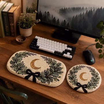 Celestial Punch Needle Wrist Rest Set, Midnight Blue and Gold Sun Moon Desk Accessories, Handmade Keyboard and Mouse Pad Pair