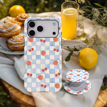 Strawberry Cherry Gingham Phone Case, Blue Checkered Picnic Cover, Cute Cottagecore Fruit, iPhone 17 16 15 14 13 12 11, Samsung S26 S25