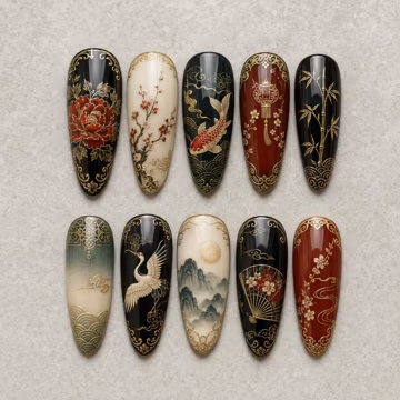 Handmade Traditional Asian Press On Nails | Koi Crane Peony Bamboo Gold Nails | Red Black Long Oval Nail Set