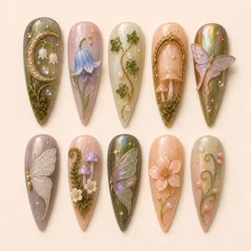 Handmade Fairycore Press On Nails | 3D Mushroom Butterfly Moon Floral Nails | Enchanted Forest Cottagecore Long Almond Nails