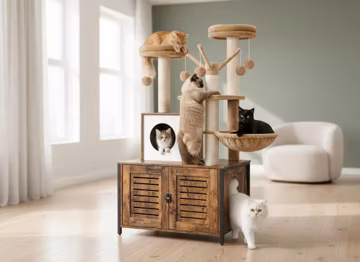 Wooden Cat Tree Condo Villa Litter Box Enclosure, Multi-Level Cat House Hammock Scratching Posts