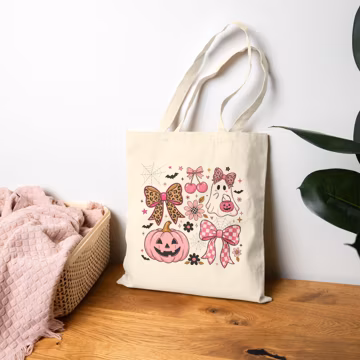 Cute Pink Halloween Icons Tote Bag | Pumpkin, Ghost, Bows Trick or Treat Canvas Bag