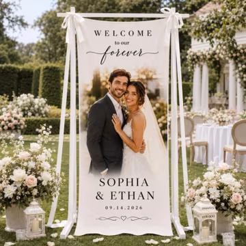 Personalized Wedding Welcome Banner, Custom Couple Photo Fabric Sign, Bride Groom Names and Date, Wedding Reception Decor