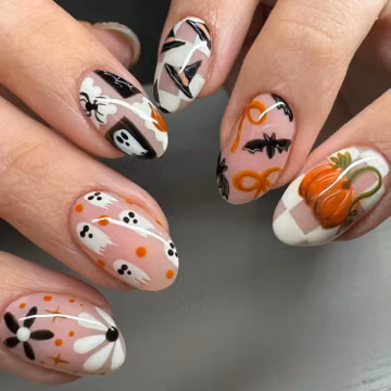 Cute & Spooky Mix-and-Match Halloween Nail Decals, Playful Ghost Bat Pumpkin Checkerboard Nail Art, Trendy Almond Shape Holiday Manicure