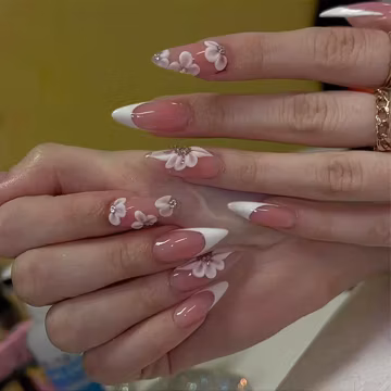 White French Tip Press on Nails, Pink Acrylic Nails Press ons with Glue, Glossy Cover, Reusable, Artificial, Stick on False Nail for Women
