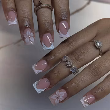 Luxury White French Press On Nails, Handcrafted Square Nail Set, 3D Sculpted Floral Art, Pearl Accents, Elegant Bridal Fake Nails