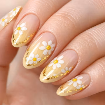 Gold French Tip Press on Nails with Yellow Gradation Design White Daisy Fall False Nails Glossy Full Cover Glue on Acrylic Nails for Women