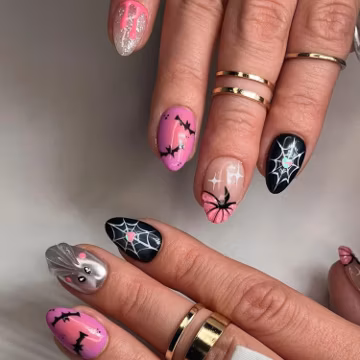 Spooky-Chic Pink Black Halloween Almond Nails, Gothic Glamour Nail Art, Trendy Spiderweb & Ghost Manicure, Bold Festival Press-On Nails