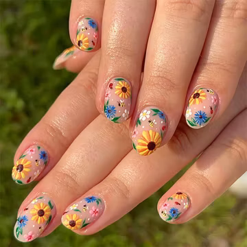 Luxury Sunflower Press On Nails, Handcrafted Wildflower Meadow Nail Set, 3D Sunflowers & Bees, Cottagecore Fake Nails