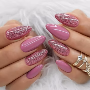Glamorous Pink Glitter & Mauve Almond Manicure, Shimmering Pink Gel Nail Art Set, Trendy Two-Tone Glitter Nail Design, Mauve Pink Nails