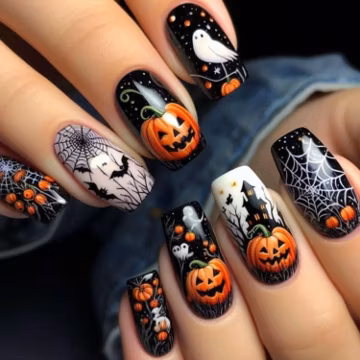 Halloween Nail Art Decals, Intricate Spooky Scene Manicure, Pumpkin & Ghost Nail Stickers, Festive Gothic Press-On Nail Inspiration