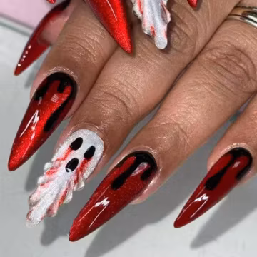 Halloween Press on Nails with 3D Ghost Blood Cat Eye Designs, Red Black Glue on Nails Cute False Nails Glossy Stick on Nails for Women