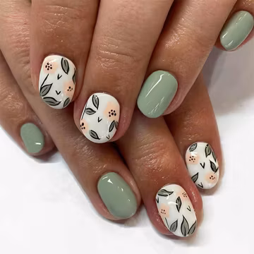 Luxury Sage Green Press On Nails, Handcrafted Botanical Nail Set, Hand-Painted Floral & Leaf Art, Cute Minimalist Fake Nails