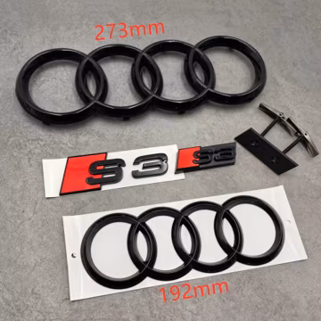 Gloss Black Audi 273mm Front Rings 192mm Rear Rings, S3 Rear Emblem & S3 Grille Emblem – Custom Audi A3 S3 RS3 Badge Set