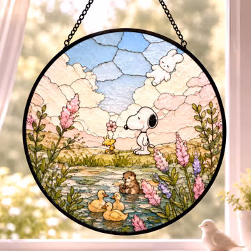 Puppy Window Hanging, Cute Dog Stained Glass Suncatcher, Spring Daisy Decor, Cute Dog Lover Gift, Garden Art