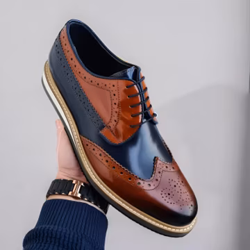 Handmade Leather Spectator Wingtip Derby Shoes: Brown-Navy Blue