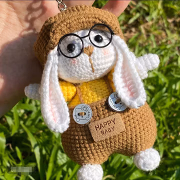 Hand Knit Beret Bunny Plush Doll β Cute Brown Rabbit Amigurumi with Glasses, Scarf and Happy Patch, Kawaii Hanging Toy