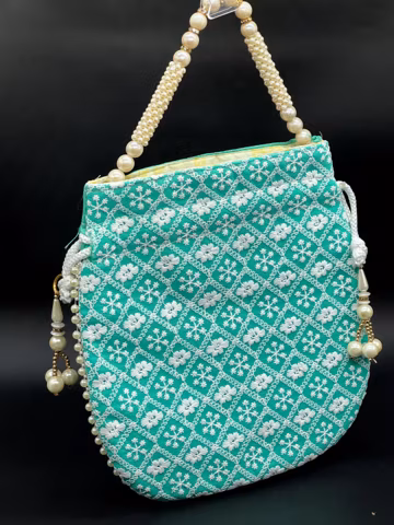Elegant Mint Green Embroidered Handbag with Pearl Handle, Handmade Floral Clutch, Ethnic Party Purse, Wedding Gift for Women
