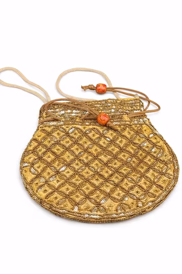 Premium Golden Embroidered Potli Bag, Beaded Evening Clutch, Indian Festive Wedding Handbag
