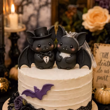 Halloween Wedding Cake Topper, Ultra-Light Clay Pumpkin Ghost Bat Couple, Spooky Bride Groom Decor