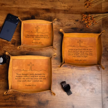 Engraved Bible Verse Leather Valet Tray, Christian Gift for Men, Scripture Catchall Tray, Religious Desk Organizer, Father's Day Gifts