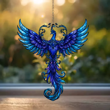 Blue Phoenix Acrylic Suncatcher, Mythical Bird Decor, Fantasy Phoenix Ornament, Rebirth Symbol Gift, Celestial Window Hanging