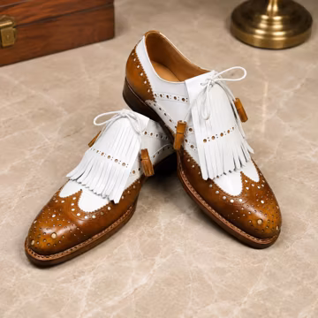 Handmade Bespoke Brown & White Wingtip Brogue Shoes – Leather Kiltie Oxford Footwear