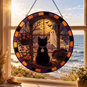 Black Cat Ghost Suncatcher, Personalized Name Window Decor, Spooky Cute Halloween Ornament, Moon and Pumpkin Cat Gift