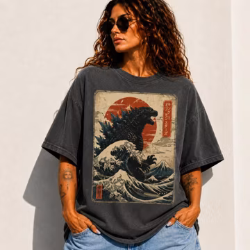 Retro Vintage Japanese Godzilla Great Wave T-Shirt, Godzilla and the Wave Shirt, King of the Monsters Adult Shirt