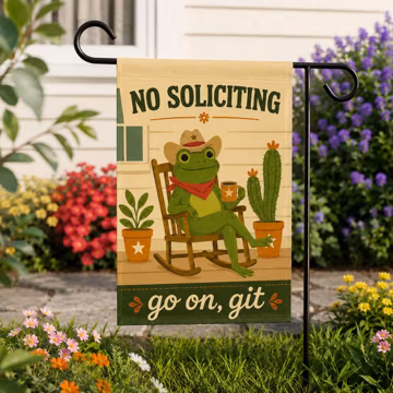 Funny No Soliciting Garden Flag, Frog No Solicitors Yard Sign, Go Away Welcome Flag, Funny Porch Decor